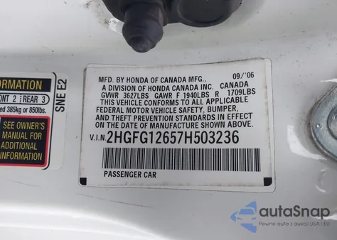 2007 Honda Civic Lx из США, поврежденный, VIN 2HGFG12657H503236